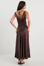 Load image into Gallery viewer, Bountiful Chocolate Satin Tie Back Bias Slip Maxi Dress