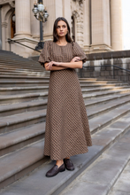 Load image into Gallery viewer, Encore Chocolate Caramel Check SS Bias Maxi Dress