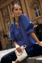 Load image into Gallery viewer, Noetic Short Sleeve Blouse - Dark Blue Stripe