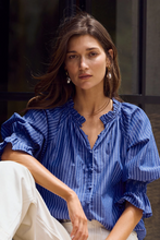 Load image into Gallery viewer, Noetic Dark Blue Stripe Short Sleeve Blouse