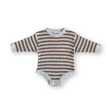 Load image into Gallery viewer, Organic Ribbed Stripe Knit Romper - Grey Marle/Brownie
