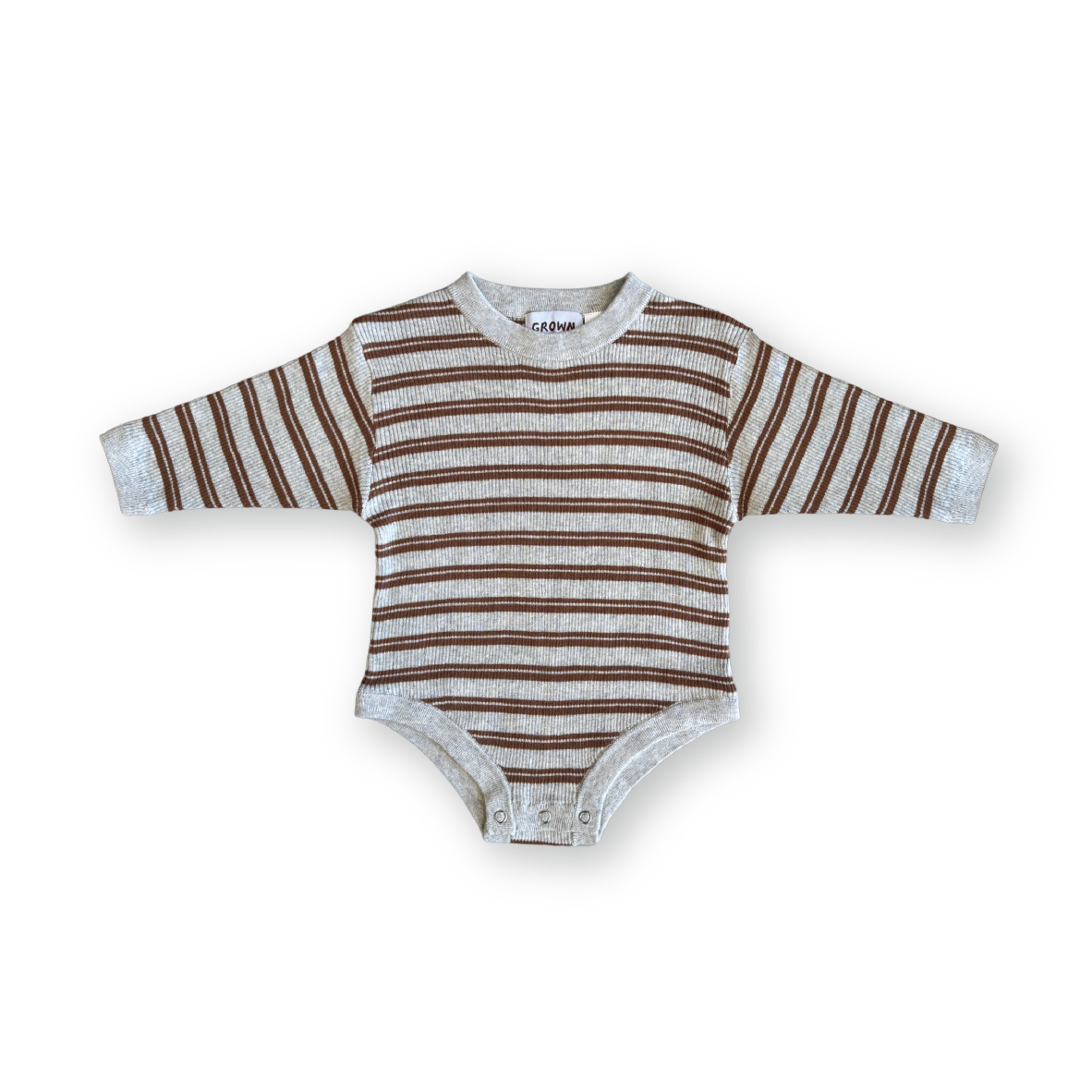 Organic Ribbed Stripe Knit Romper - Grey Marle/Brownie