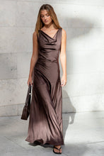 Load image into Gallery viewer, Bountiful Chocolate Satin Tie Back Bias Slip Maxi Dress
