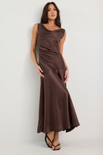 Load image into Gallery viewer, Bountiful Chocolate Satin Tie Back Bias Slip Maxi Dress
