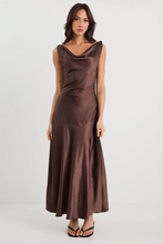 Load image into Gallery viewer, Bountiful Chocolate Satin Tie Back Bias Slip Maxi Dress
