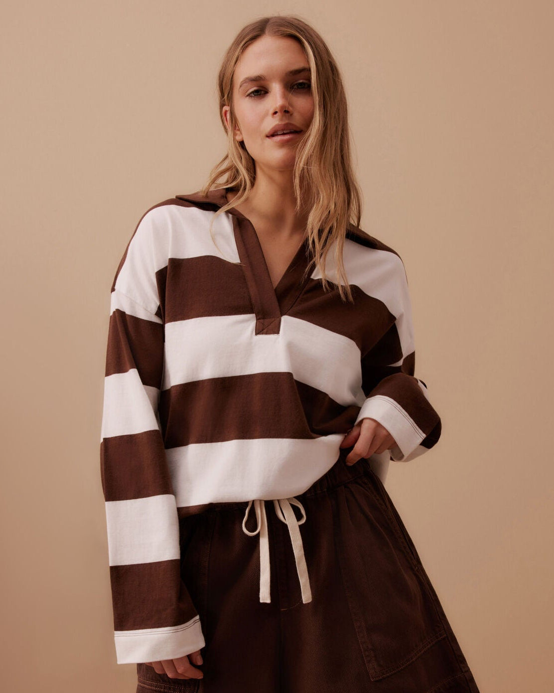 Shelby Rugby Top - Warm Ecru & Choc Stripe