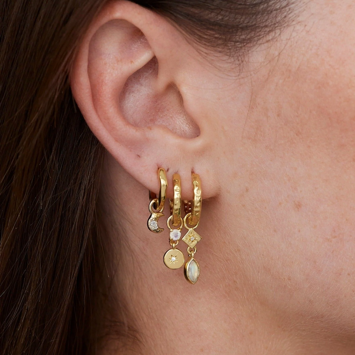 Textured Gold Huggies & Chloe Moonstone Charms