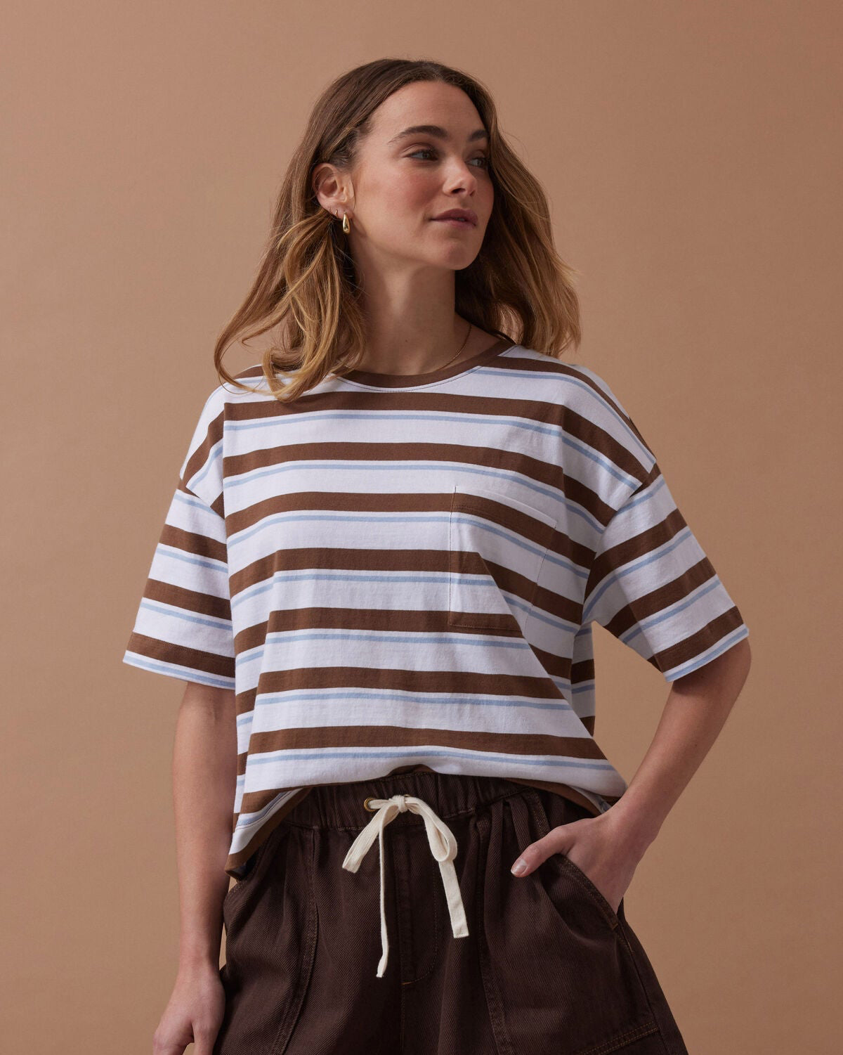 Boxy Pocket Tee - Milk Choc Stripe
