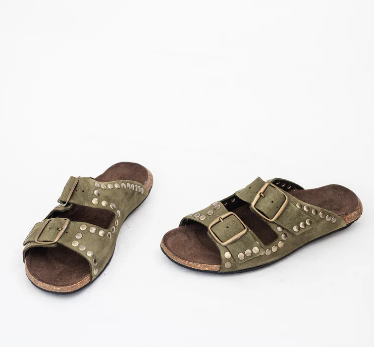 Leather Rivets Sandals - Khaki
