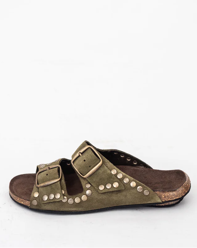 Leather Rivets Sandals - Khaki