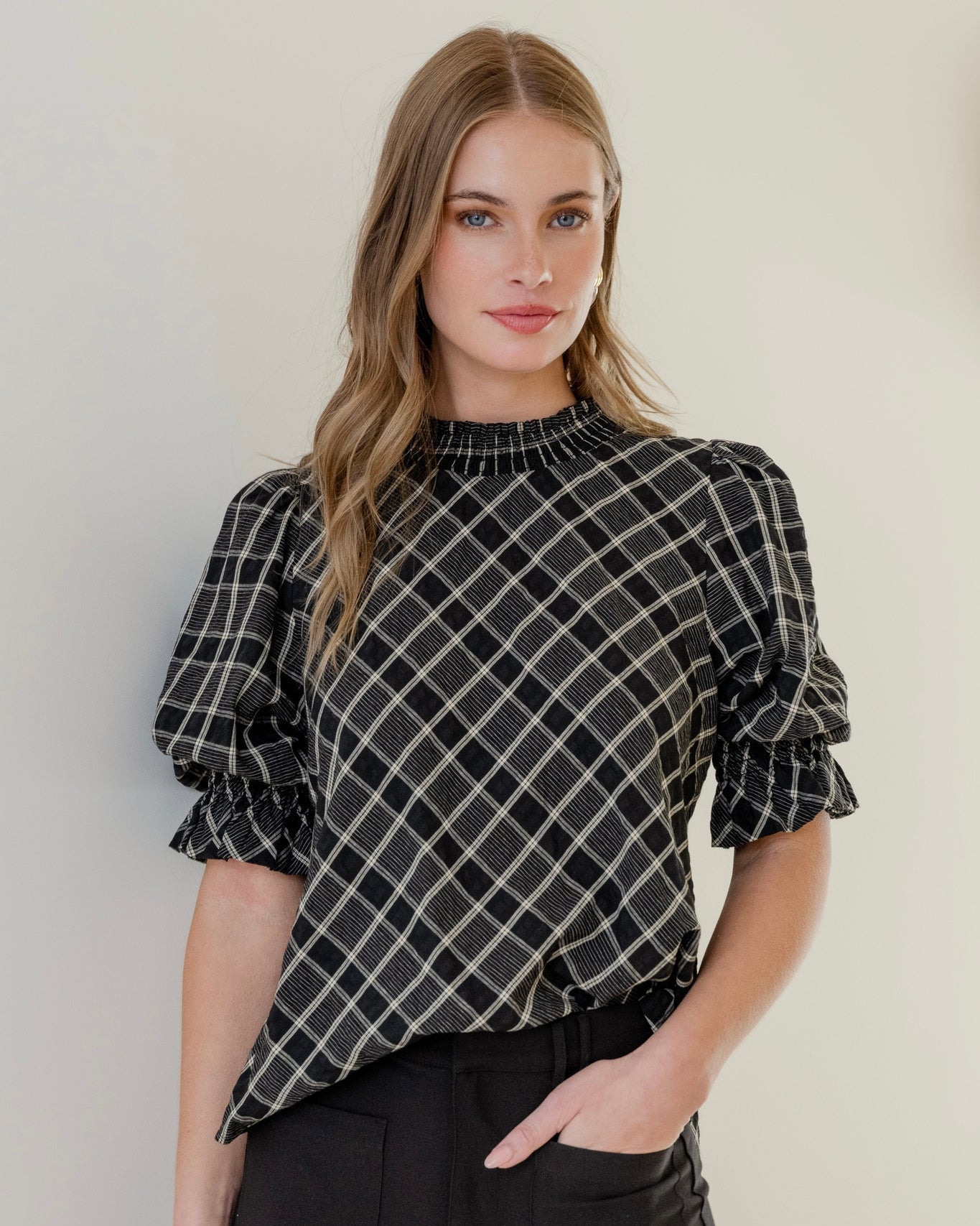 Influential High Neck Top - Black Check