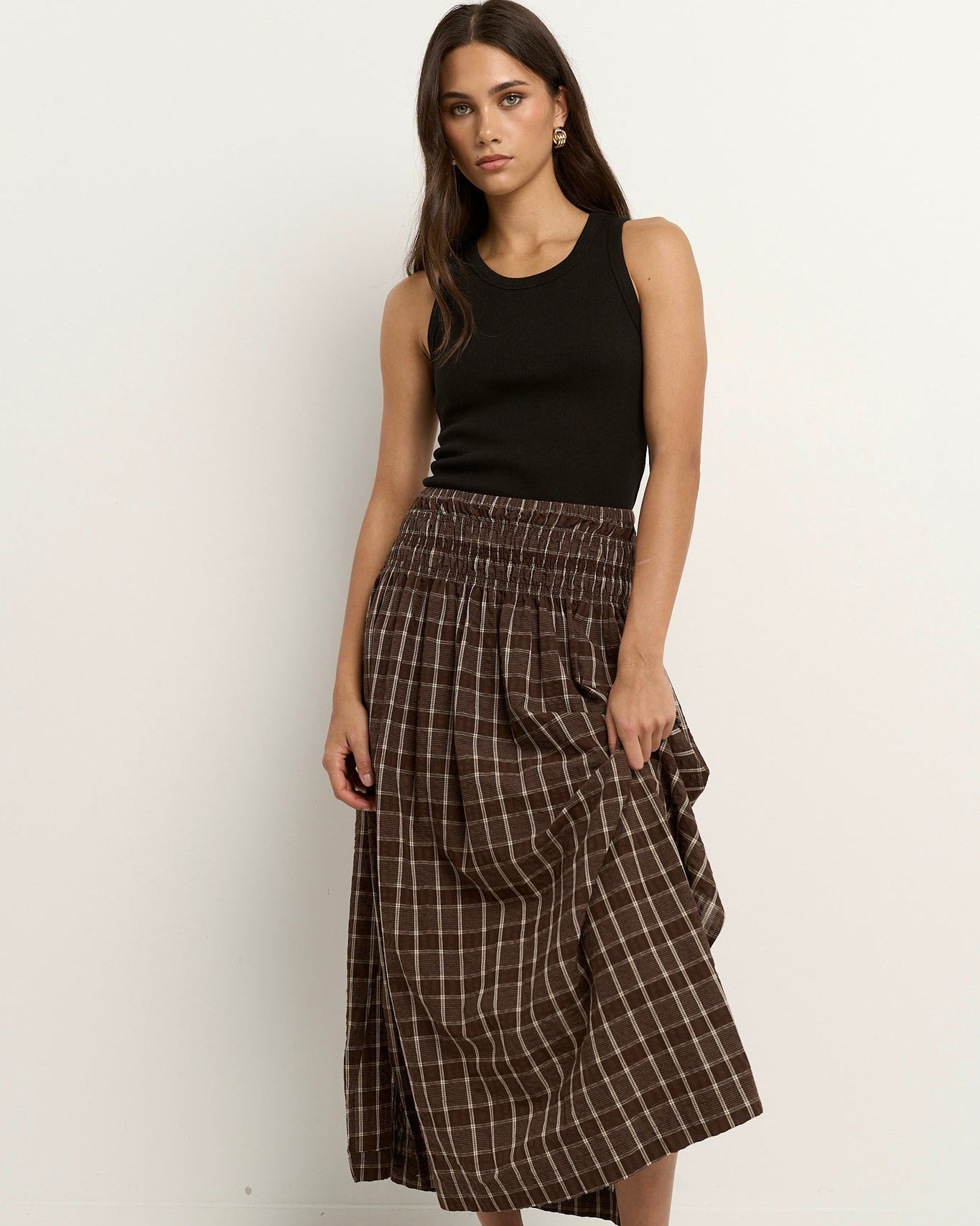 Cheerful Gingham Shirred Waist Maxi Skirt - Chocolate