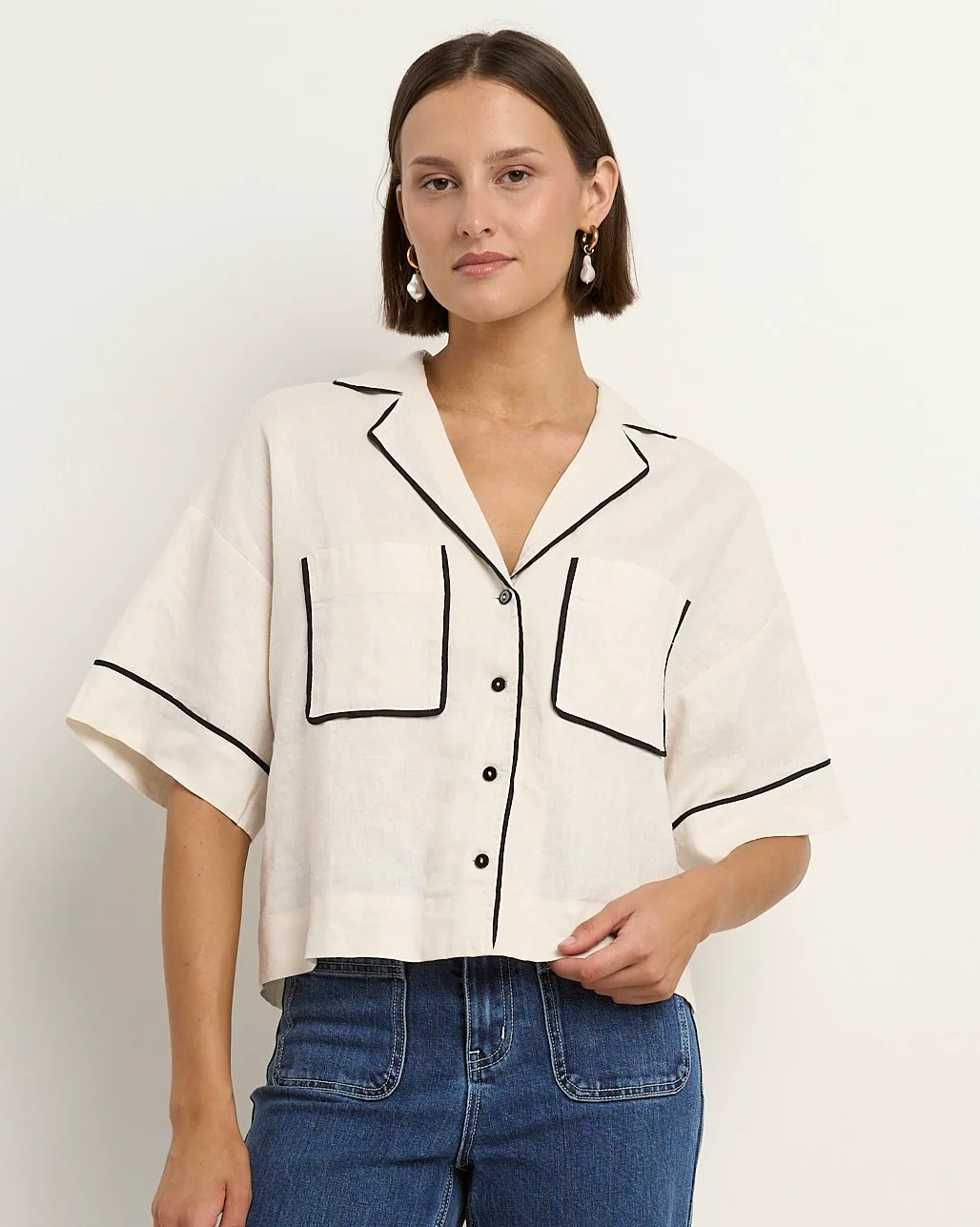 Culture Cream Black Trim Linen Boxy Shirt