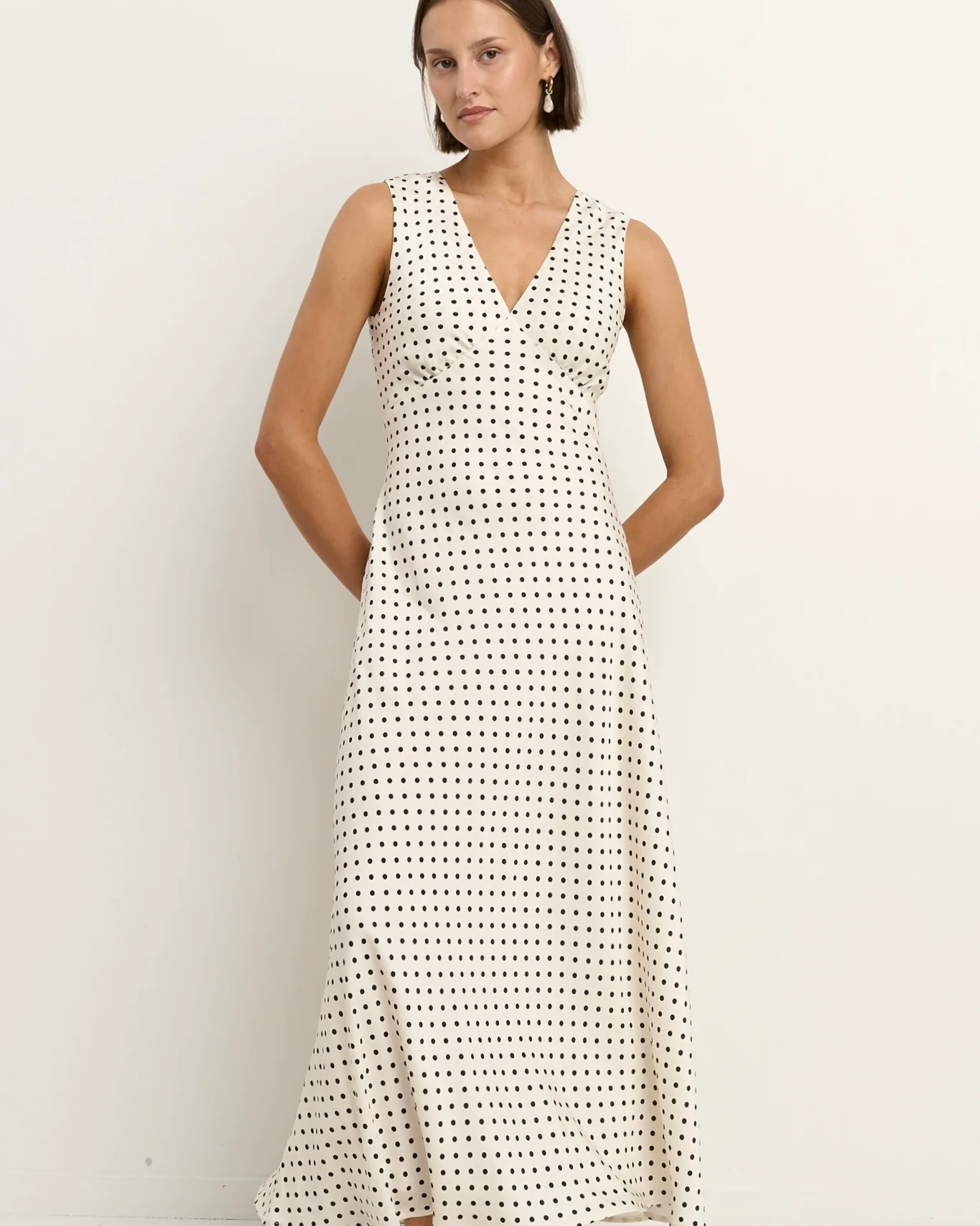 Aston Satin Flared Maxi Dress - Cream Polka Dot