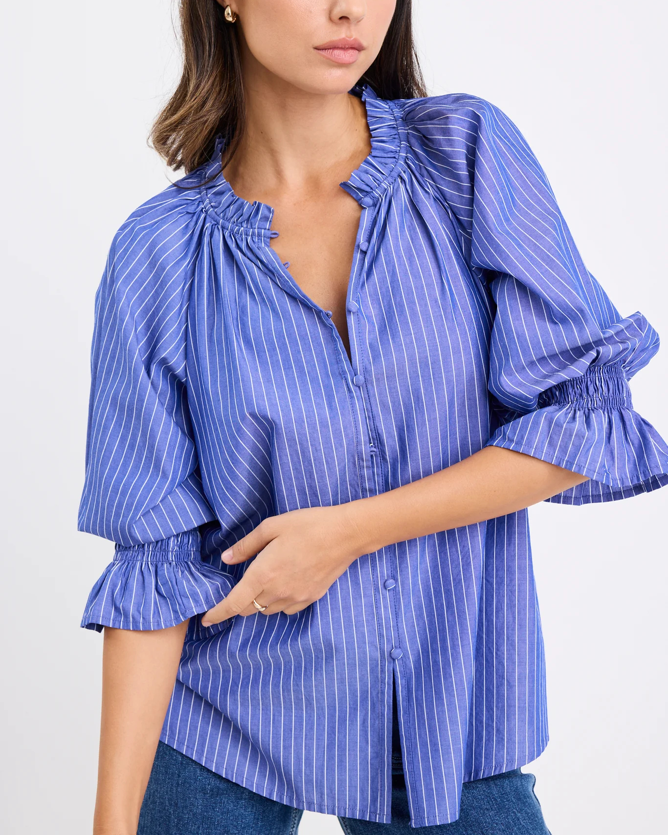 Noetic Short Sleeve Blouse - Dark Blue Stripe
