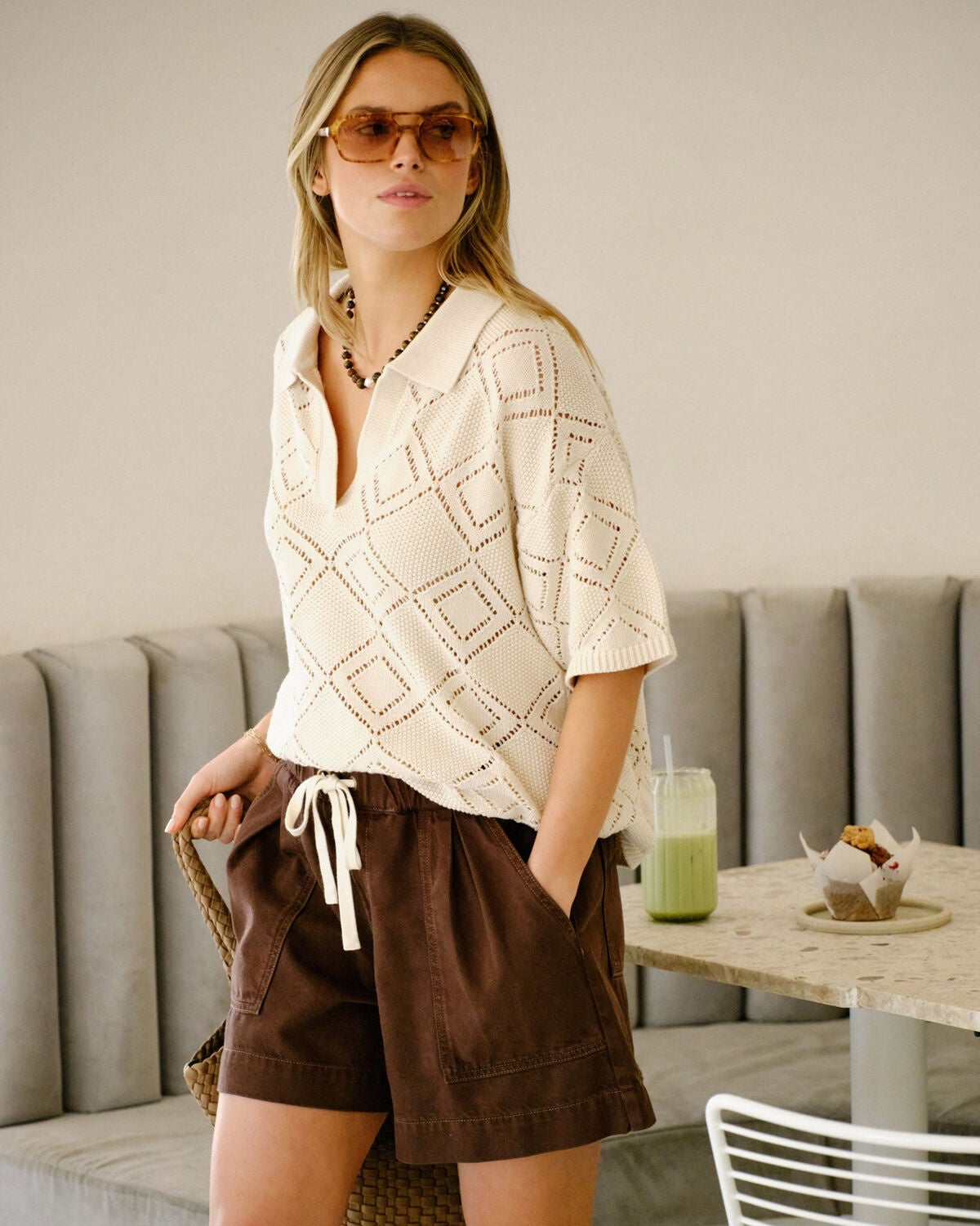 Demi Diamond Knit Tee - Ecru