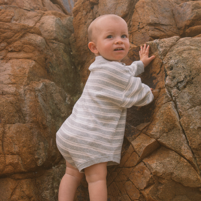 Organic Ribbed Stripe Knit Romper - Grey Marle/Milk