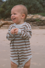 Load image into Gallery viewer, Organic Ribbed Stripe Knit Romper - Grey Marle/Brownie
